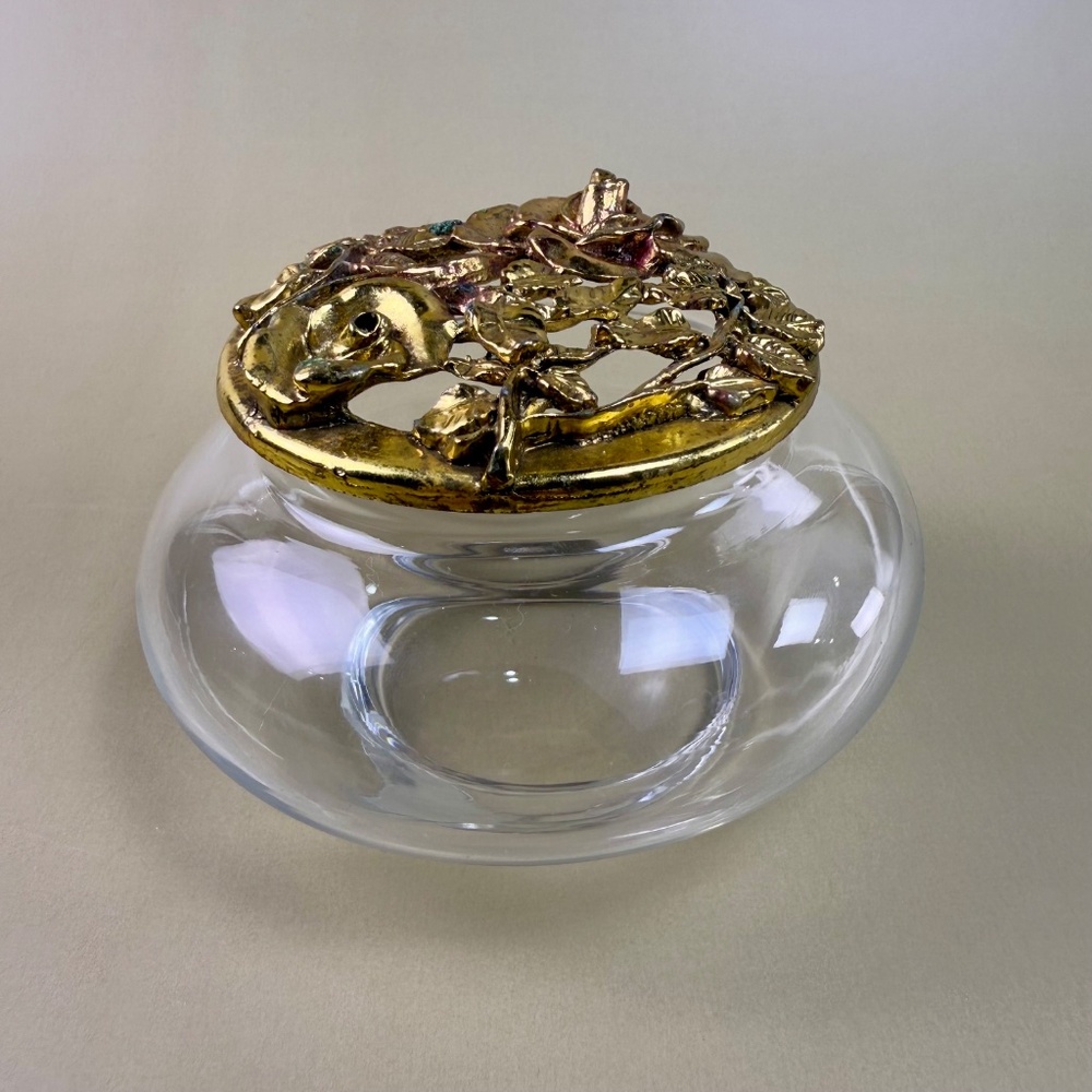 Vintage Glass Trinket Dish with Ornate Brass Rose Lid | Hollywood Regency Style - Picture 8 of 13